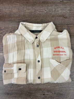 Harley-Davidson Plaid Button Down Shirt | Neutral Beige Check | Women’s XL